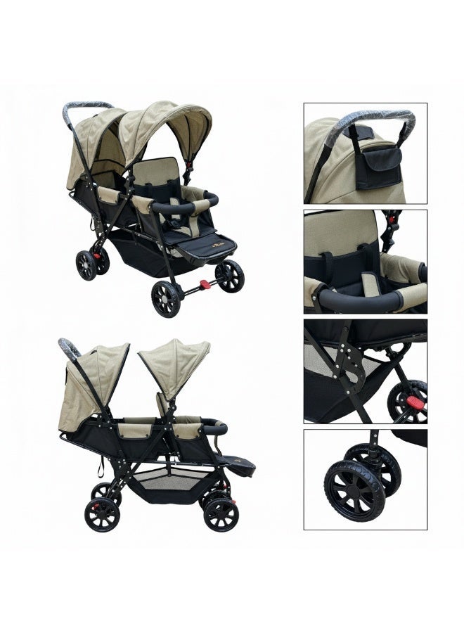Star Kids Double stroller for newborns and twins, comfortable adjustable seats with protective canopy and large storage basket - Image 4